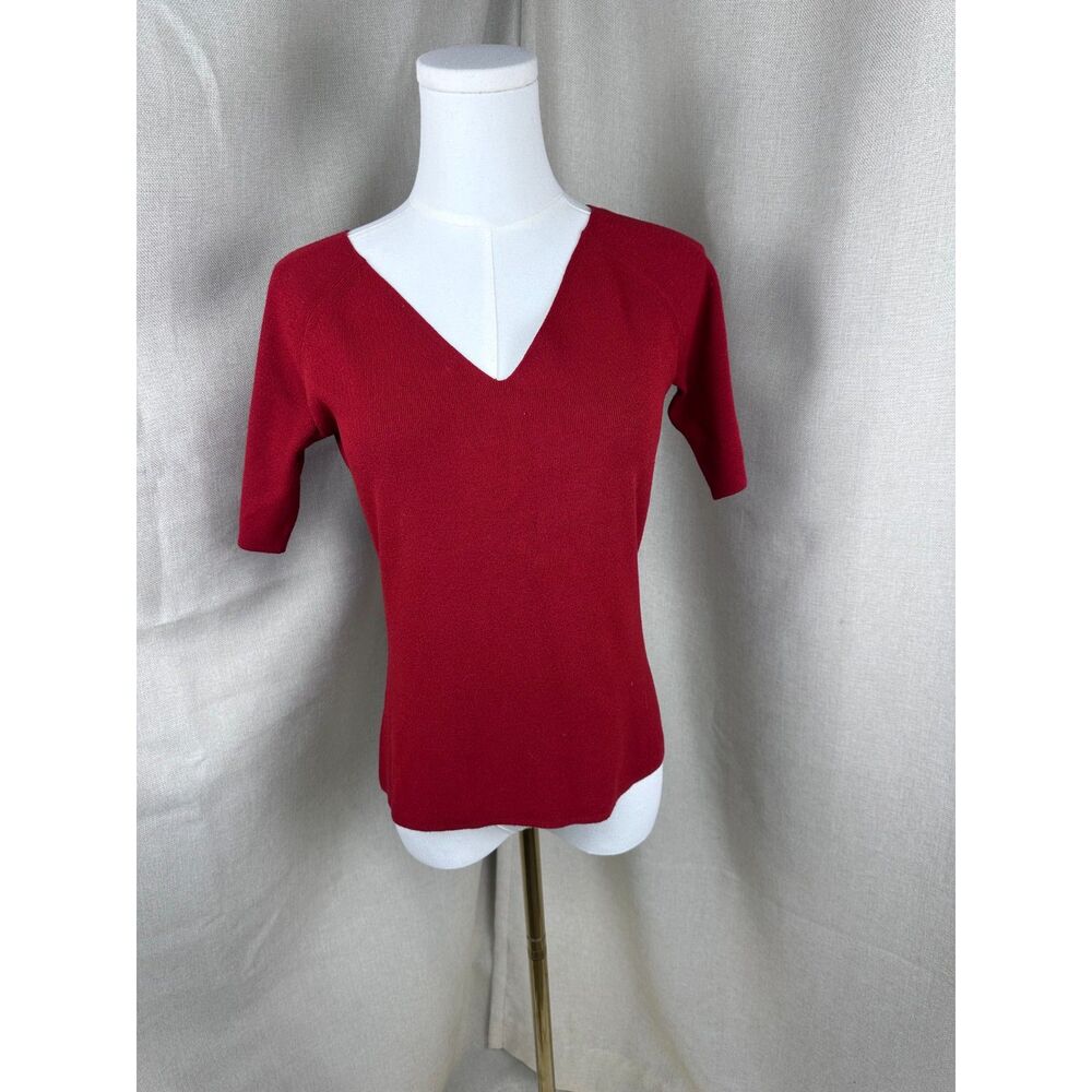 Dana Buchman Womens Medium Red Fine Ribbed V-Neck Short Sleeve Sweater